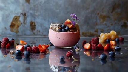 Naklejka premium A pink smoothie topped with berries and granola. The smoothie is in a clear glass bowl and is surrounded by fresh fruit.
