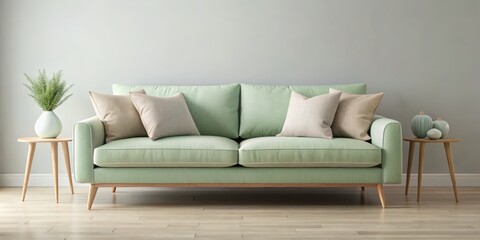 Elegant Green Sofa in Minimalist Living Room - Symmetrical Composition with Soft Textures and Calming Colors for Interior Design Inspiration