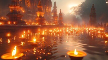 Diwali Indian temple with diyas 