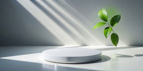Elegant White Podium with Floating Green Leaves in Minimalist Setting, Serene and Tranquil Scene for Product Displays and Advertisements