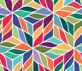 Seamless geometric floral pattern with abstract flowers and leaves in a modern multicolored mosaic design. Vibrant and bright colors on a white background. Vector illustration.