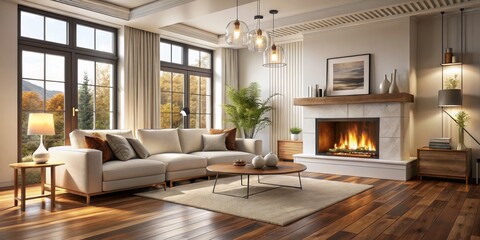 Elegant White Sectional Sofa in Modern Living Room with Panoramic Views of Autumnal Forest - Luxurious Home Interior Design Concept with Tranquil Ambiance and Contemporary Styling