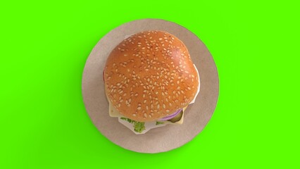 Cheese burger on plate with green background