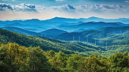 Fototapeta premium panoramic view of the blue ridge mountains and wind turbines