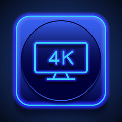 4K, TV simple icon vector. Flat design. Blue neon style on button. With shadow