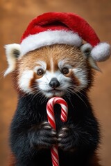 Obraz premium Red panda in Santa hat with candy cane on festive Christmas backdrop