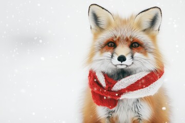 Obraz premium Fluffy fox with red and white striped scarf in snowy Christmas scene