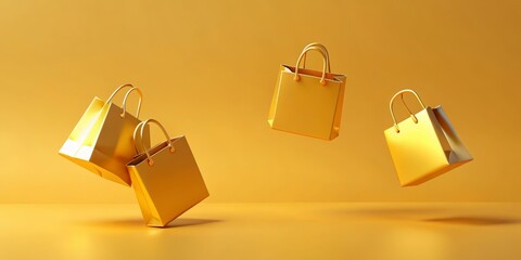Golden Celebration Luxurious Asymmetrical Shopping Bags in Mid-Air on Yellow Background, Festive Elegance for Marketing Visuals