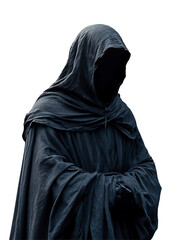 A monk in a black hood on a white transparent background. 