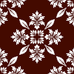 A symmetrical floral pattern in white on a rich brown background, showcasing elegant leaf and flower designs for a classic retro feel.