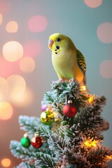 Yellow budgie on a Christmas tree branch with baubles