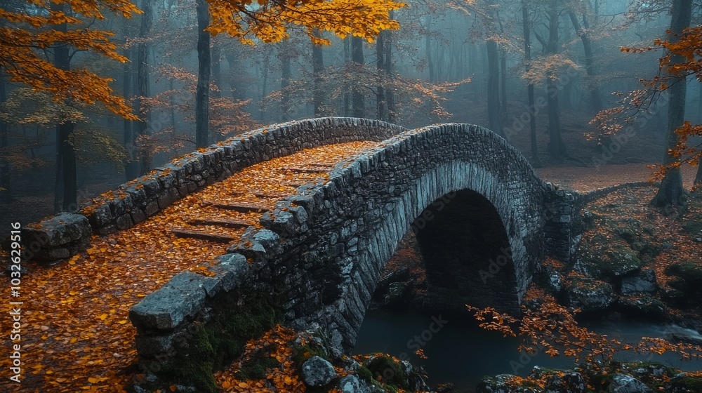 Aufkleber a serene stone bridge arches over a gently flowing stream, enveloped by colorful autumn leaves and s