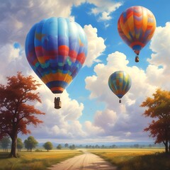 Obraz premium Illustration of hot air balloon with amazing landscape.