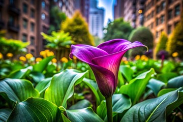 Obraz premium Vibrant Purple Calla Lily in Urban Garden Setting