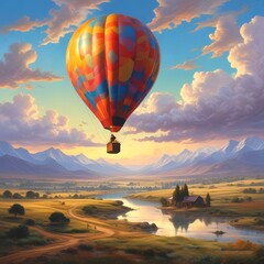 Obraz premium Illustration of hot air balloon with amazing landscape.