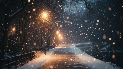 Snowflakes gently fall in a serene winter landscape with blurred trees and distant colors during the late afternoon
