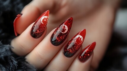 Hand adorned with long red artificial nails featuring blood moon-themed nail art