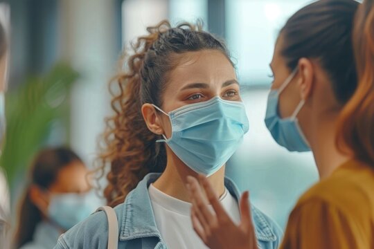 Diverse female colleagues greet with masks in office COVID 19 protection.