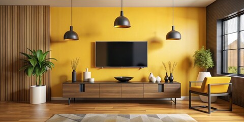 Modern Living Room Interior with Symmetrical Design, Stylish Entertainment Center, Warm Colors, and Minimalist Decor Contemporary Home Concept for Interior Design Inspiration