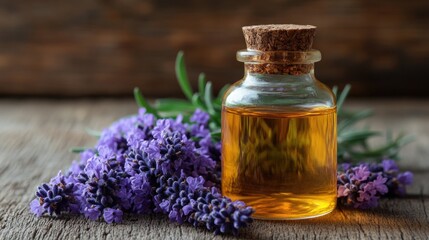 lavender herbal oil and flowers on wooden background