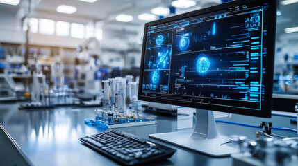 Fototapeta premium A close-up view of a computer screen displaying vibrant scientific data in a modern laboratory setting at night