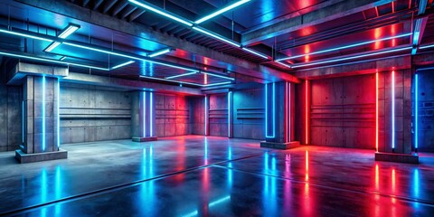 Fototapeta premium Neon Illuminated Industrial Space Futuristic Blue and Red Lights in Modern Concrete Room