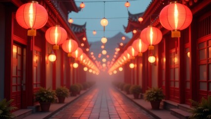A street in a city in China, decorated with lanterns, during the celebration of the new year.