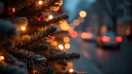 Spruce branches in close-up against the background of a blurred road in the evening, the tree is decorated with garlands.