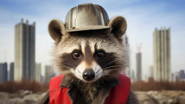 Cute raccoon builder in helmet against blurred urban city. Urban wildlife in cityscape. Construction, safety concept. Funny animal for Labor Day