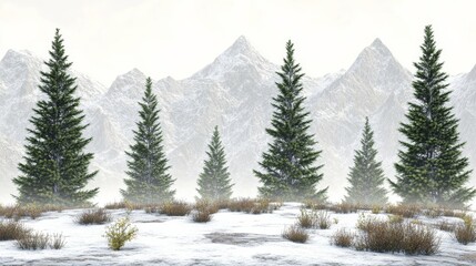Fototapeta premium Tall evergreen trees stand gracefully in a blanket of snow beneath majestic mountains