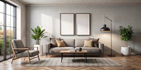 Fototapeta premium Serenity in Symmetry Modern Living Room Interior with Inviting Grey Sofa, Warm Lighting, and Subtle Textures, Ideal for Interior Design Inspiration and Relaxing Home Vibes