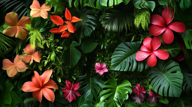 Fototapeta A rich tapestry of tropical leaves and vibrant blooms thrives in a lush environment