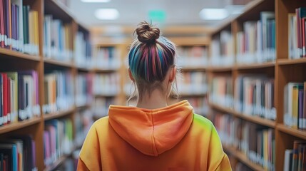 A woman in her early 20s with a rainbow-dyed undercut, wearing an oversized hoodie, stands at the front of a public libraryâ€™s meeting room. The roomâ€™s towering bookshelves frame her as she leads a
