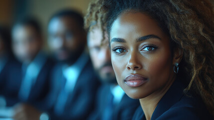 A confident woman in business attire during a corporate meeting, symbolizing leadership and empowerment in a professional environment.