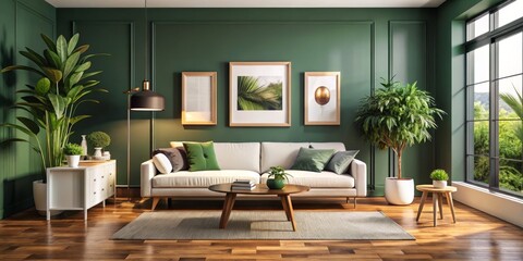 Sophisticated White Sofa in Tranquil Green Living Room Interior with Natural Elements - Modern Minimalist Design Concept for Interior Decor Inspiration and Lifestyle Ads