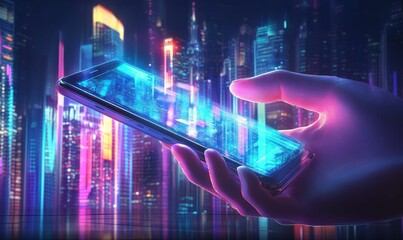 Hand holding phone in futuristic city.