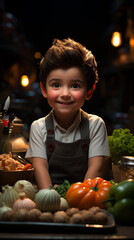 Fototapeta premium Adorable Young Chef Smiling Brightly Amid Fresh Vegetables in Kitchen