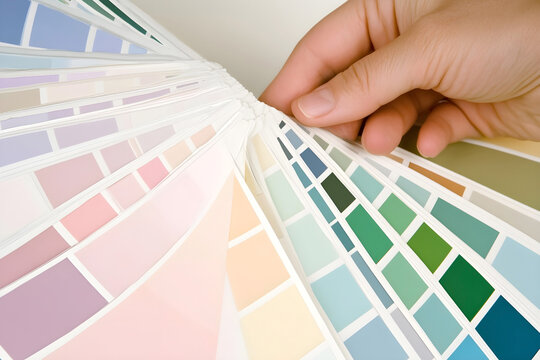 Hand selecting color swatches from a vibrant palette of pastel and bold shades for design or interior decoration