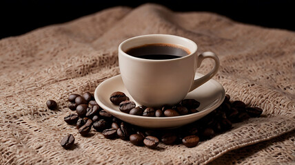 Fototapeta premium A Steaming Cup A Beautifully Cup of coffee and beans Boden Ooh on a Rustic Background