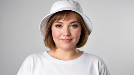 Fototapeta premium Plus size woman with short hair wearing white t-shirt and white bucket hat isolated on grey background