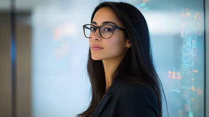 A woman in her mid-30s with long dark hair, wearing a fitted black blazer and stylish glasses, stands at a digital board in a high-tech companyâ€™s boardroom. The sleek design of the room, with glass