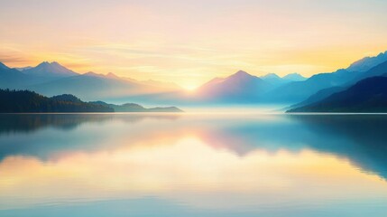 Fototapeta premium Serene sunrise over a calm lake with distant mountains reflecting in the water.