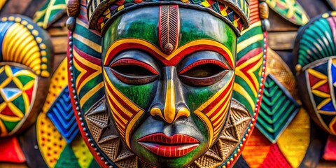 Naklejka premium Intricate Wooden Mask with Tribal Designs, Colorful Geometry, African Art, Mask, Tribal Art