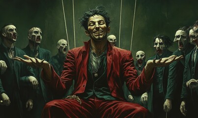 Obraz premium A man in red surrounded by zombies.