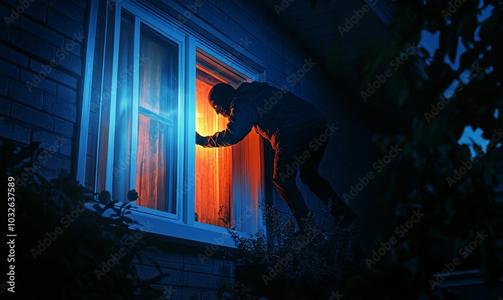 Canvas Prints A hooded figure breaking into a house at night.