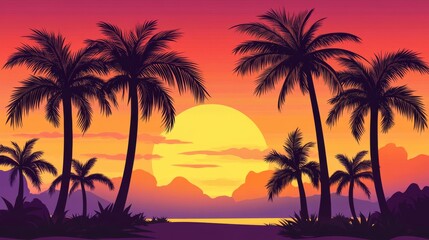 Silhouetted palm trees create a stunning backdrop for a vibrant tropical sunset