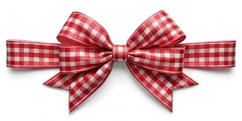 Red and White Gingham Bow on White Background, bow , ribbon