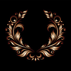 Vector bronze decorative element in the form of a wreath of curved patterns and curls in the form of a floral ornament on a black background with detailed volumetric elements.