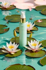 Create a serene, water-themed product photo featuring a calming face mist, surrounded by floating lily pads and blooming water lilies