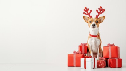 A cheerful cartoon dog with festive reindeer antlers surrounded by colorful presents during the holiday season